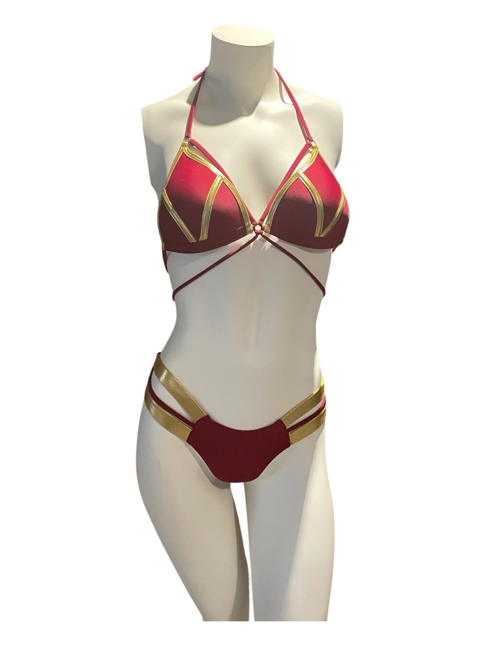 Red and Gold Strappy Bikini Swim Set